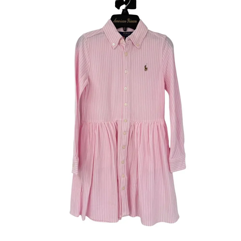 Polo Ralph Lauren Girls S/7 Button Front Oxford Shirt Dress Long Sleeve Striped